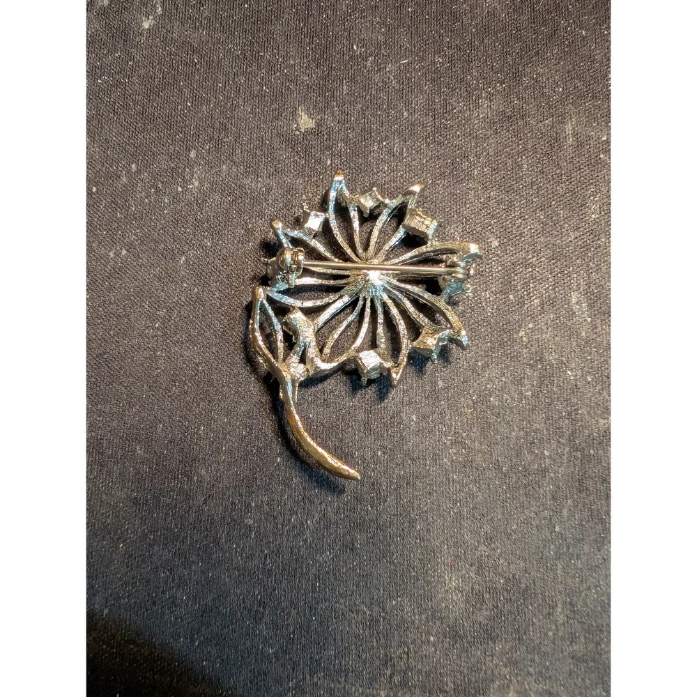 Vintage Silver Tone Green Rhinestone Floral Spray Brooch Pin 2 Inch